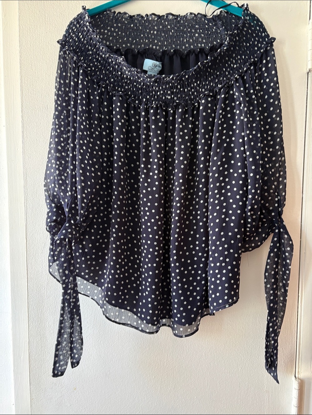 CeCe Navy Polka Dot Off-Shoulder Blouse